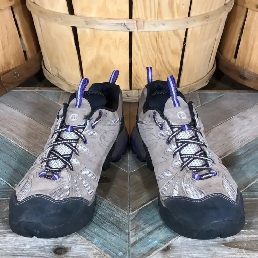 Merrell Capra Low Tan Suede Purple Waterproof Vibram Hiking Shoes Women Size 9.5